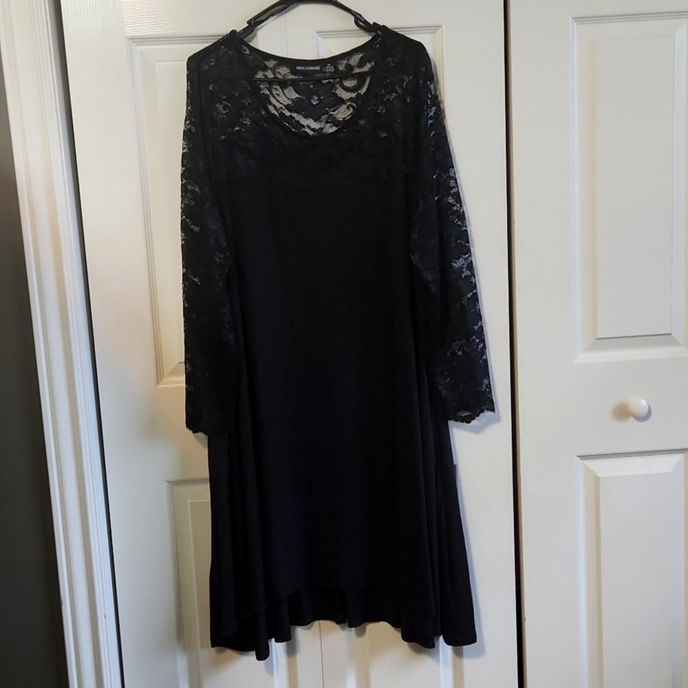 Nina Leonard Women's Black Lace‎ Long Sleeve Dress Size 2X Slight Hi-low